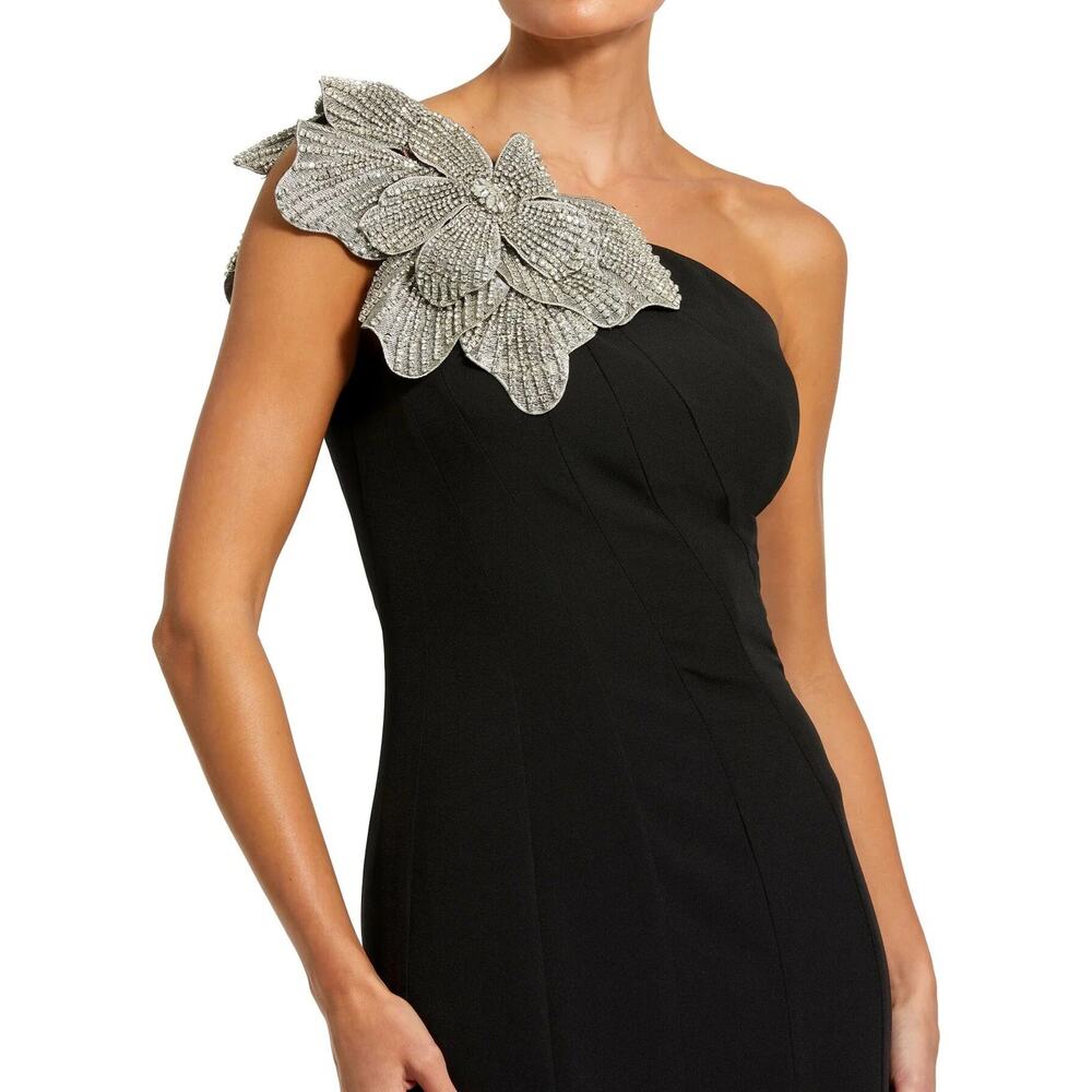 Mac Duggal Black Crepe One Shoulder with Crystal Flower